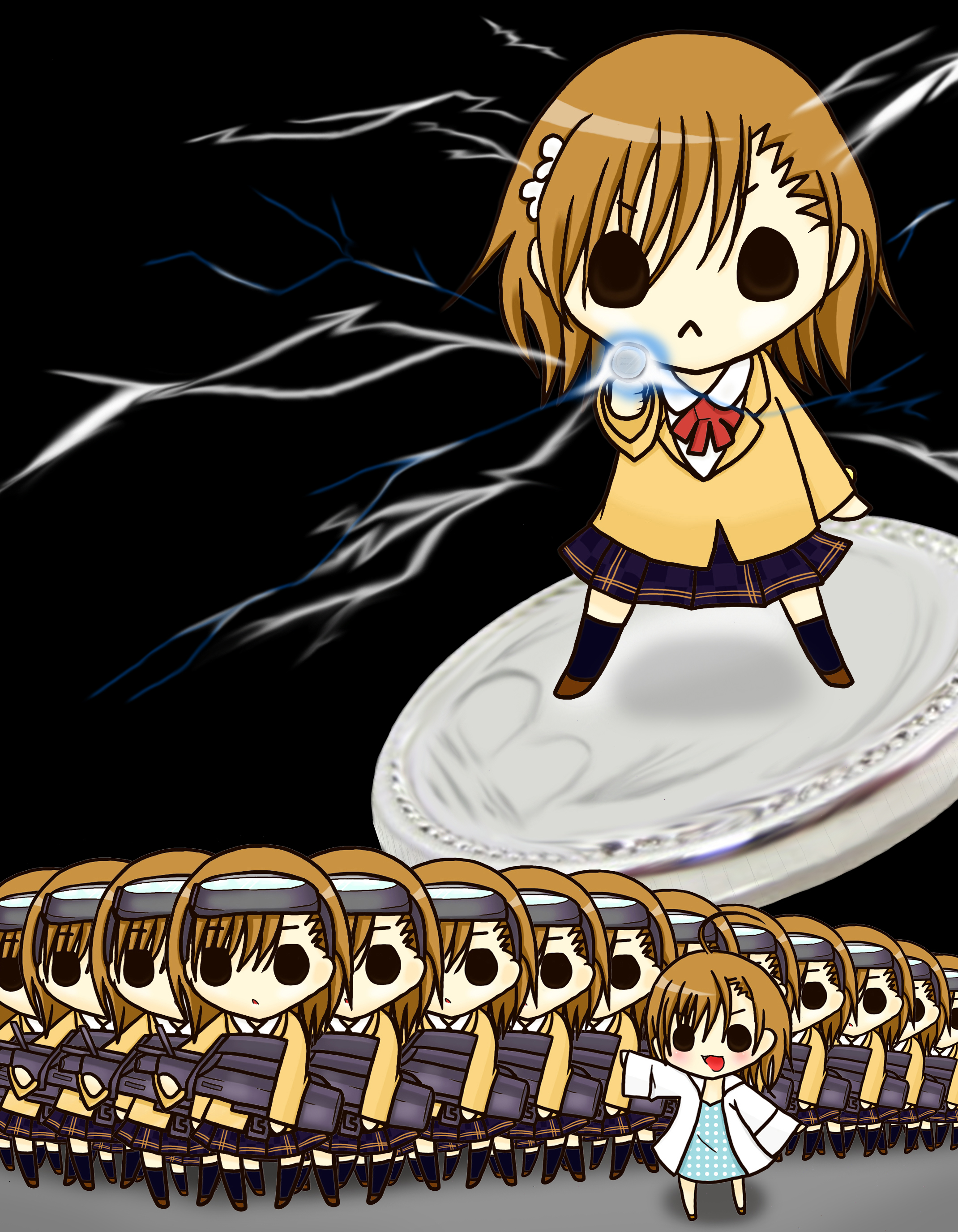 shinju (aaalove), last order (toaru majutsu no index), misaka imouto, misaka mikoto, toaru kagaku no railgun, toaru majutsu no index, plaid, absurdres, bad id, bad pixiv id, highres, 6+girls, :<, :d, ahoge, assault rifle, brown hair, chibi, clone, electricity, electrokinesis, gun, hair ornament, head-mounted display, multiple girls, open mouth, pleated skirt, rifle, school uniform, siblings, sisters, skirt, smile, weapon