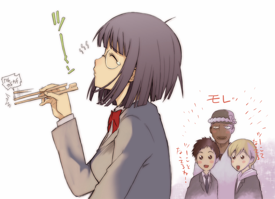 kikumaru bunta, kida masaomi, ryuugamine mikado, simon (durarara!!), simon brezhnev, sonohara anri, durarara!!, translation request, 1girl, 3boys, black hair, blush, bob cut, brown eyes, chopsticks, closed eyes, glasses, japanese clothes, multiple boys, school uniform, tears