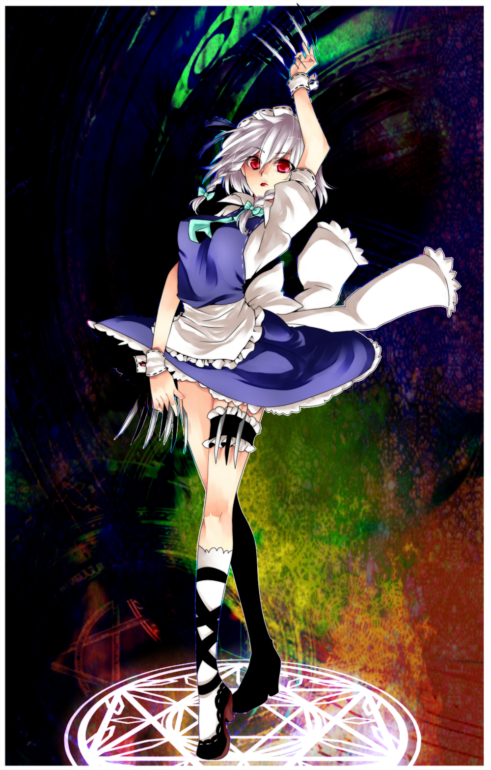 yutazou, izayoi sakuya, embodiment of scarlet devil, touhou, silver hair, bad id, bad pixiv id, highres, 1girl, braid, female focus, full body, knife, maid, red eyes, short hair, solo, thigh strap, throwing knife, twin braids, weapon
