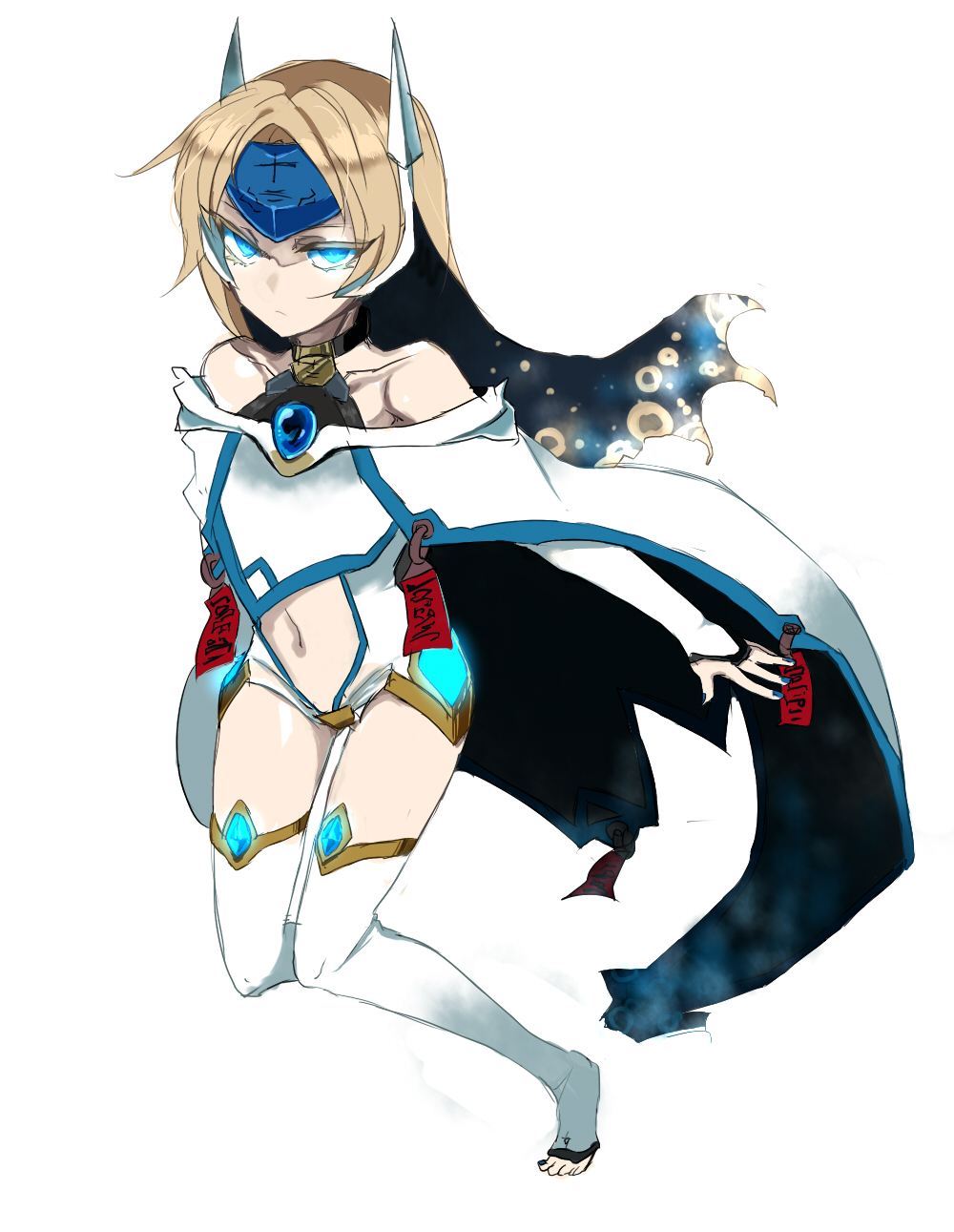 aya (min412), mu-12, arc system works, blazblue, bad id, bad pixiv id, highres, spoilers, 1girl, bare shoulders, blonde hair, blue eyes, bridal gauntlets, cape, female focus, full body, glowing, glowing eyes, long hair, midriff, solo, thighhighs, tiara, toeless legwear, white background
