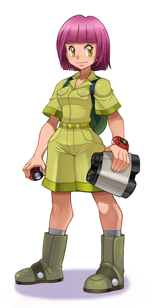 ryuntack, hayley (pokemon), nintendo, pokemon, pokemon (anime), bad id, bad pixiv id, 1girl, backpack, bag, binoculars, blunt bangs, bob cut, boots, female focus, full body, holding, holding poke ball, poke ball, poketch, purple hair, randoseru, short hair, simple background, smile, solo, watch, white background, wristwatch, yellow eyes