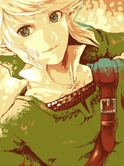 link, nintendo, the legend of zelda, 1boy, blonde hair, blue eyes, earrings, green hat, hat, jewelry, male focus, pointy ears, smile, solo