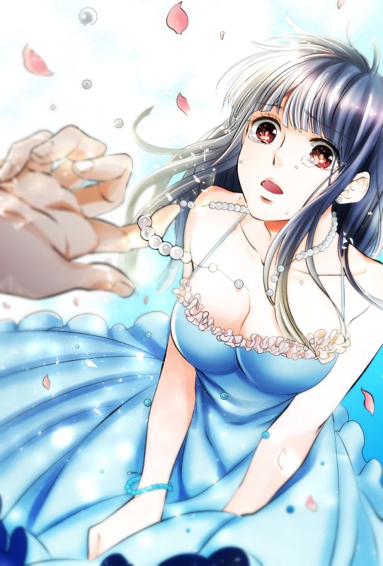 hachiya nanao, original, commentary request, 1girl, 1other, bead bracelet, bead necklace, beads, black hair, blue dress, blurry, bracelet, breasts, broken necklace, cleavage, collarbone, dress, earrings, jewelry, large breasts, necklace, open mouth, petals, red eyes, stud earrings, tears