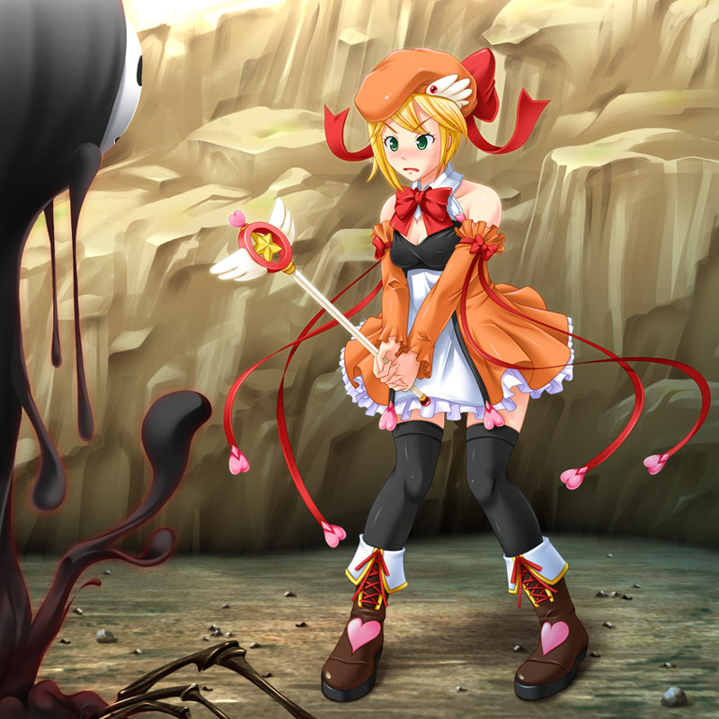 arakune, kinomoto sakura, kinomoto sakura (magician), noel vermillion, arc system works, blazblue, blazblue: calamity trigger, cardcaptor sakura, 1girl, bare shoulders, black thighhighs, blonde hair, blush, covered erect nipples, dress, fighting, frown, green eyes, hat, heart, hoshi no tsue, legs, magical girl, monster, orange dress, orange hat, orange skirt, parody, skirt, slime (substance), thighhighs, wand