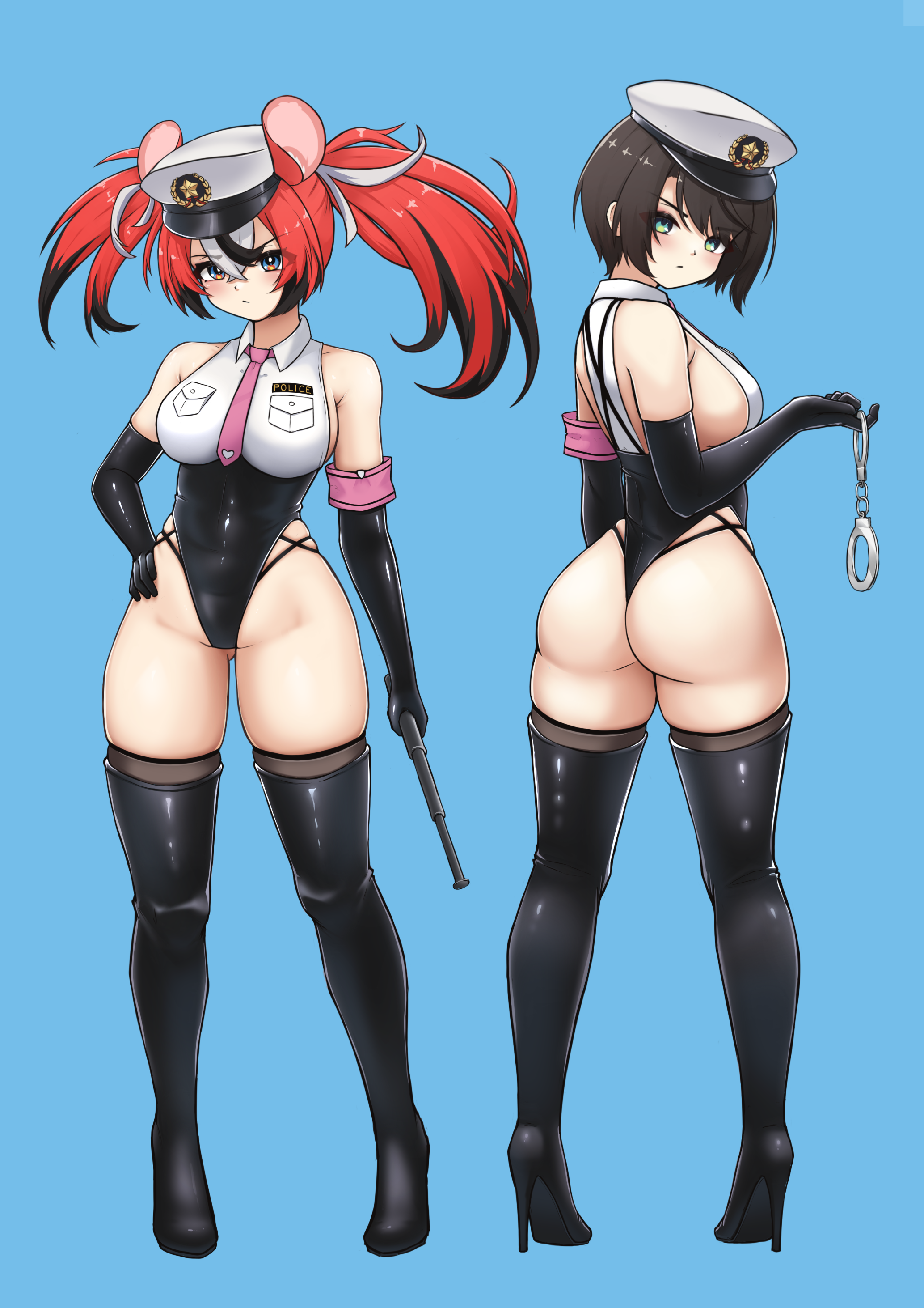 yafatguy, hakos baelz, oozora subaru, hololive, hololive english, absurdres, commentary, english commentary, highres, 2girls, alternate costume, animal ears, armband, armpit crease, ass, black boots, black gloves, black leotard, black streaks, blue background, blue eyes, blush, boots, breasts, brown hair, closed mouth, cuffs, elbow gloves, eyebrows hidden by hair, from behind, full body, gloves, gluteal fold, green eyes, hair between eyes, hand on own hip, handcuffs, hat, holding, holding handcuffs, large breasts, leotard, looking at viewer, medium hair, mouse ears, mouse girl, multicolored hair, multiple girls, necktie, orange hair, pink armband, pink necktie, police hat, red hair, shirt, short hair, short twintails, sideboob, simple background, streaked hair, thigh boots, twintails, virtual youtuber, wedgie, white shirt, white streaks
