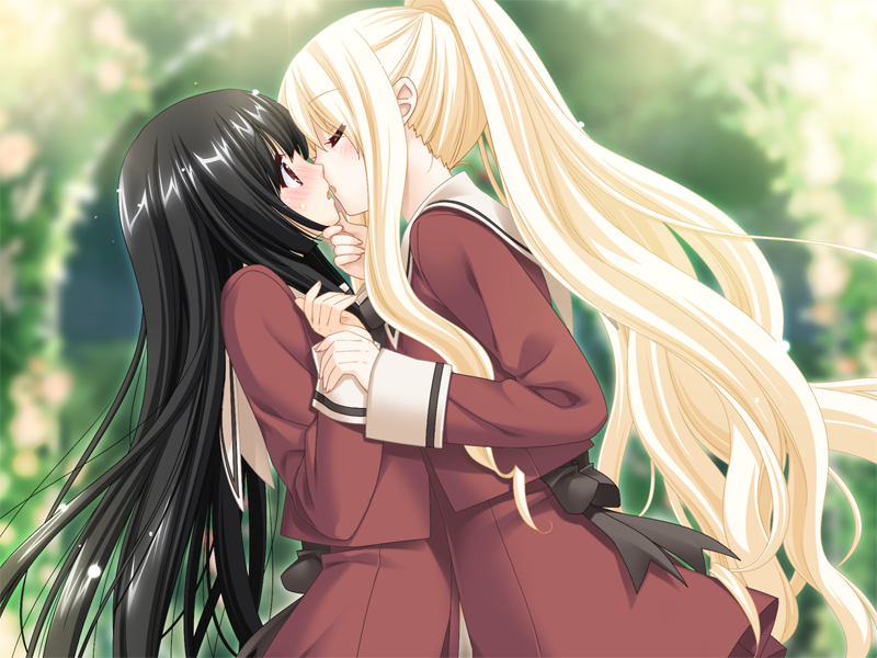 kani biimu, kirishima shizuku, shitogi eris, sono hanabira ni kuchizuke wo, game cg, 2girls, black hair, blonde hair, blush, closed eyes, day, embarrassed, grabbing another's chin, hand on another's chin, holding another's wrist, imminent kiss, kiss, long hair, multiple girls, open mouth, outdoors, ponytail, profile, red eyes, school uniform, serafuku, surprised, very long hair, yuri