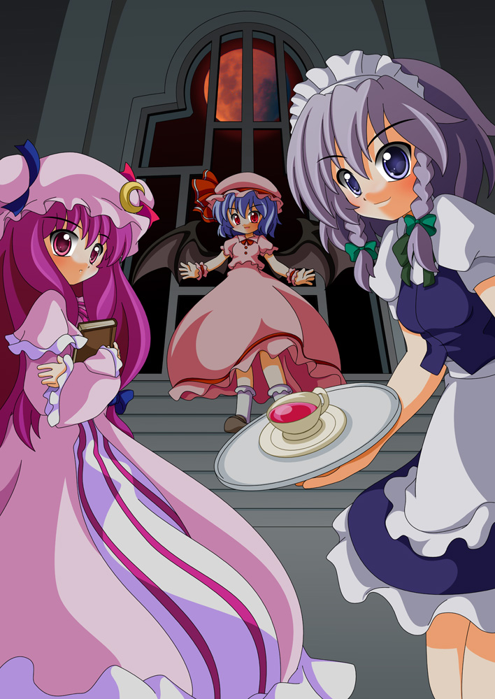 shinjitsu, izayoi sakuya, patchouli knowledge, remilia scarlet, touhou, bad id, bad pixiv id, 3girls, blue hair, cup, female focus, full moon, grey hair, hat, moon, multiple girls, purple hair, red moon, stairs, teacup, tray, window