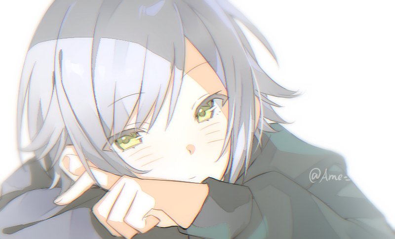 ame yuu 02, hinomori shiho, project sekai, commentary, symbol-only commentary, 1girl, closed mouth, crossed arms, green eyes, green jacket, grey hair, hair between eyes, head rest, jacket, light blush, long sleeves, looking at viewer, portrait, short hair, sidelocks, simple background, solo, twitter username, white background