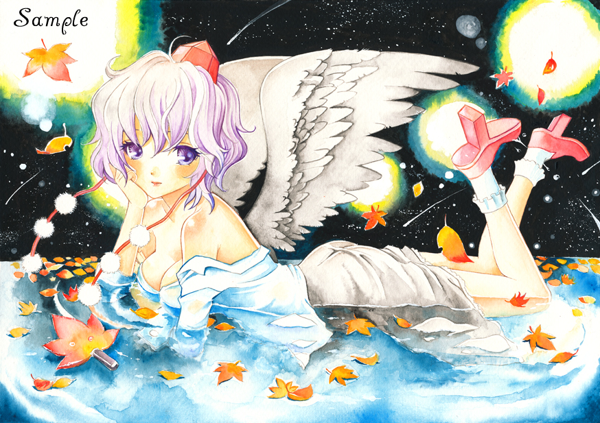 ayuayu (chisuke ayu), shameimaru aya, touhou, light purple hair, bad id, bad pixiv id, 1girl, alternate hair color, bare shoulders, black wings, blush, breasts, cleavage, expressionless, female focus, geta, hand fan, hat, leaf, looking at viewer, lying, maple leaf, on stomach, open mouth, purple eyes, sample watermark, short hair, solo, tengu-geta, tokin hat, watermark, wings