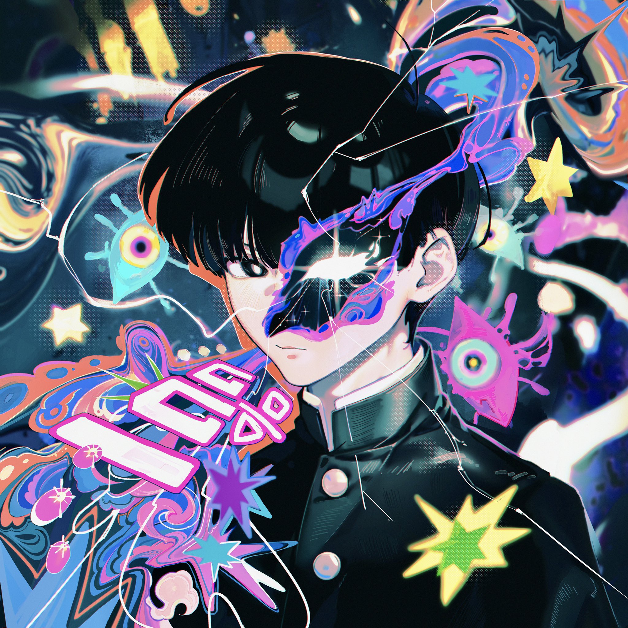 haekchi, kageyama shigeo, mob psycho 100, commentary, commentary request, english commentary, highres, 1boy, black eyes, black hair, bowl cut, closed mouth, disembodied eye, gakuran, looking at viewer, male focus, school uniform, short hair, single blank eye, solo