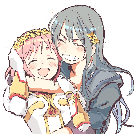 mozu (modagoro), estellise sidos heurassein, yuri lowell, tales of (series), tales of vesperia, lowres, 00s, 1boy, 1girl, black hair, gloves, grin, hetero, hug, hug from behind, long hair, oekaki, pink hair, short hair, smile, white background