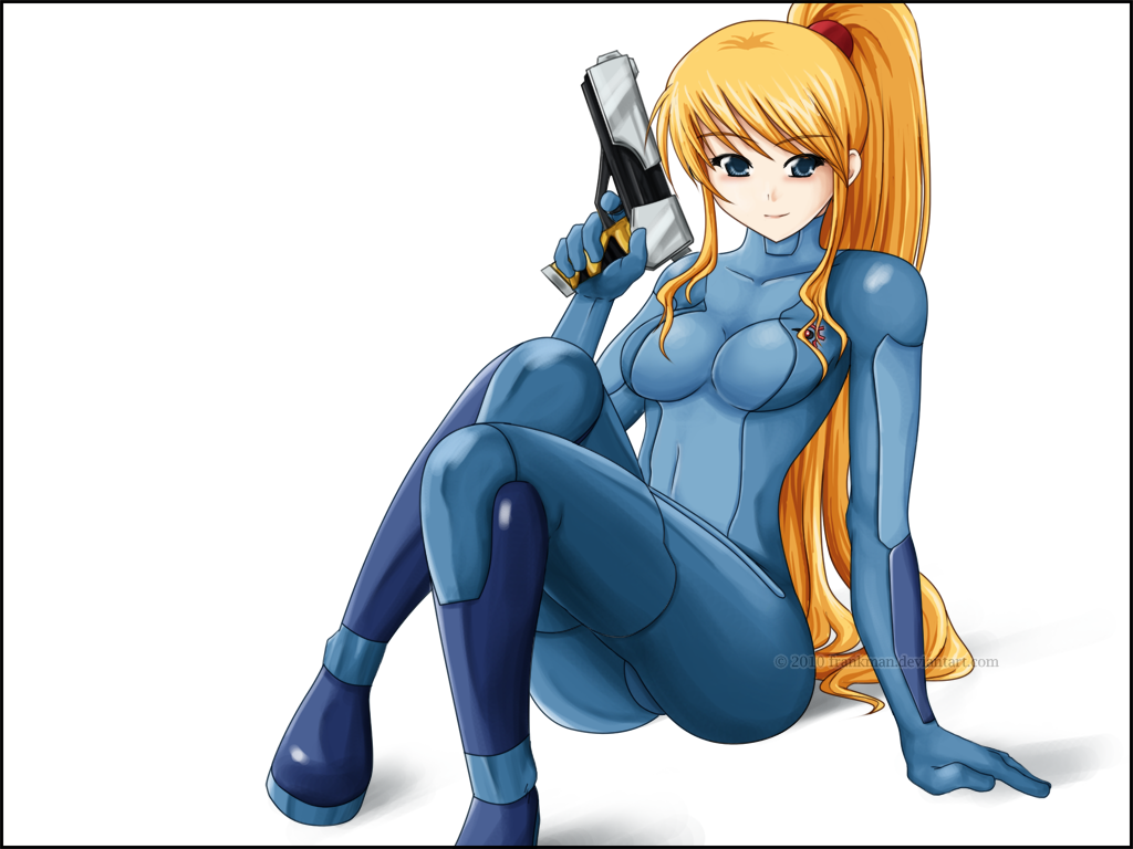frankman, frankman (artist), samus aran, metroid, nintendo, bad deviantart id, bad id, 10s, 1girl, 2010, arm support, blonde hair, blue eyes, blush, bodysuit, female focus, gun, handgun, long hair, pistol, ponytail, simple background, sitting, smile, solo, watermark, weapon, zero suit