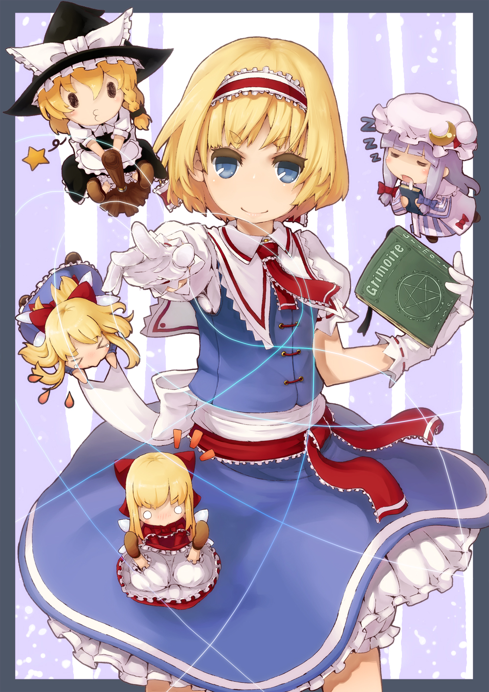 rothe, alice margatroid, hourai doll, kirisame marisa, patchouli knowledge, shanghai doll, touhou, bad id, bad pixiv id, highres, > <, 1girl, :>, :3, blonde hair, bloomers, blue eyes, book, broom, broom riding, character doll, closed eyes, crescent, crescent moon, doll, dress, female focus, gloves, hairband, hat, long hair, moon, o3o, pentagram, purple hair, ribbon, saliva, short hair, sleeping, solo, star (symbol), string, underwear, wings