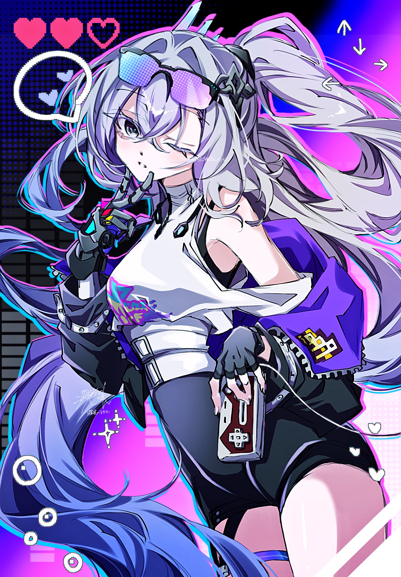 mkr aknk714, silver wolf (honkai: star rail), honkai: star rail, honkai (series), commentary request, highres, 1girl, buckle, clothing cutout, controller, eyewear on head, fingerless gloves, game controller, gauntlets, gloves, goggles, gradient hair, grey eyes, grey hair, hair ornament, heart, holding, holding controller, holding game controller, jacket, long hair, multicolored hair, off shoulder, one eye closed, shorts, single gauntlet, spoken heart, strap, very long hair, zipper
