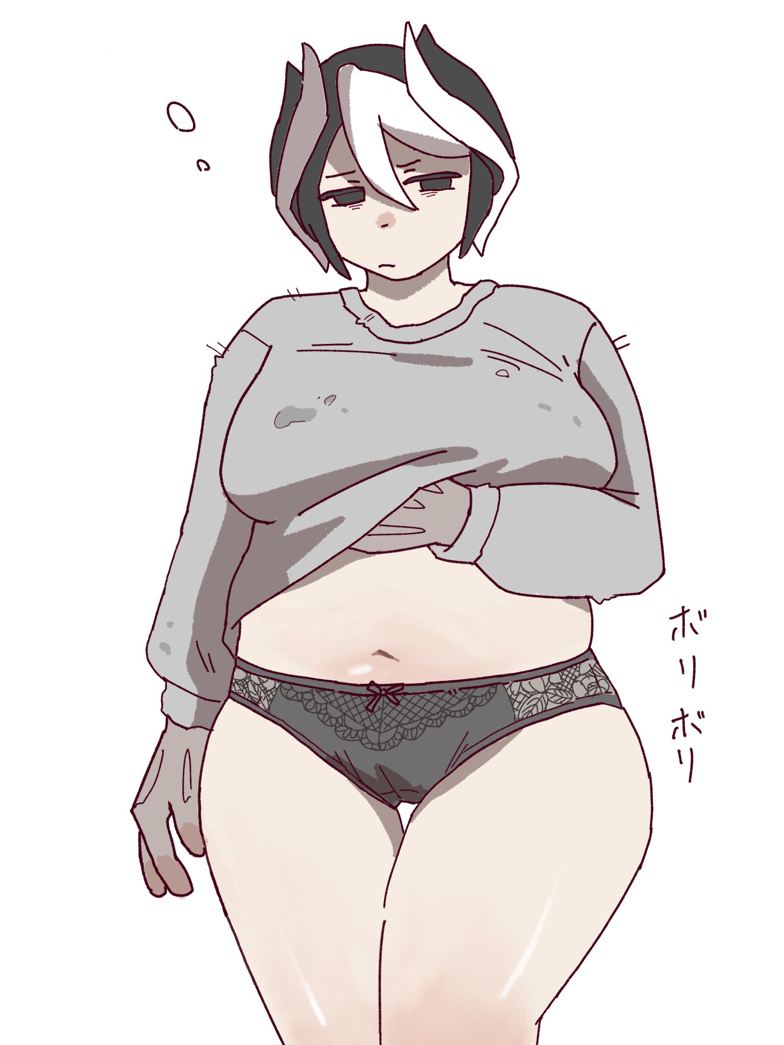 ozen, made in abyss, artist request, 1girl, animal hands, bags under eyes, black eyes, black hair, black panties, cameltoe, clothes lift, grey shirt, kikuchi (6dj2ypv2qw13593), lace, lace panties, mature female, multicolored hair, navel, panties, plump, shirt, shirt lift, short hair, solo, standing, thick thighs, thigh gap, thighs, two-tone hair, underwear, white background, white hair