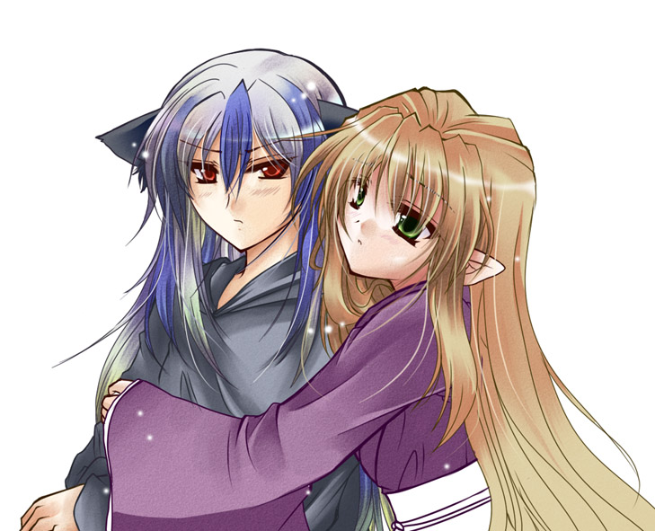 moguji, duran (my-hime), kiyohime (my-hime), my-hime, silver hair, 00s, 2girls, brown hair, green eyes, hug, hug from behind, japanese clothes, kimono, multicolored hair, multiple girls, personification, pointy ears, red eyes, simple background, streaked hair, white background, yuri