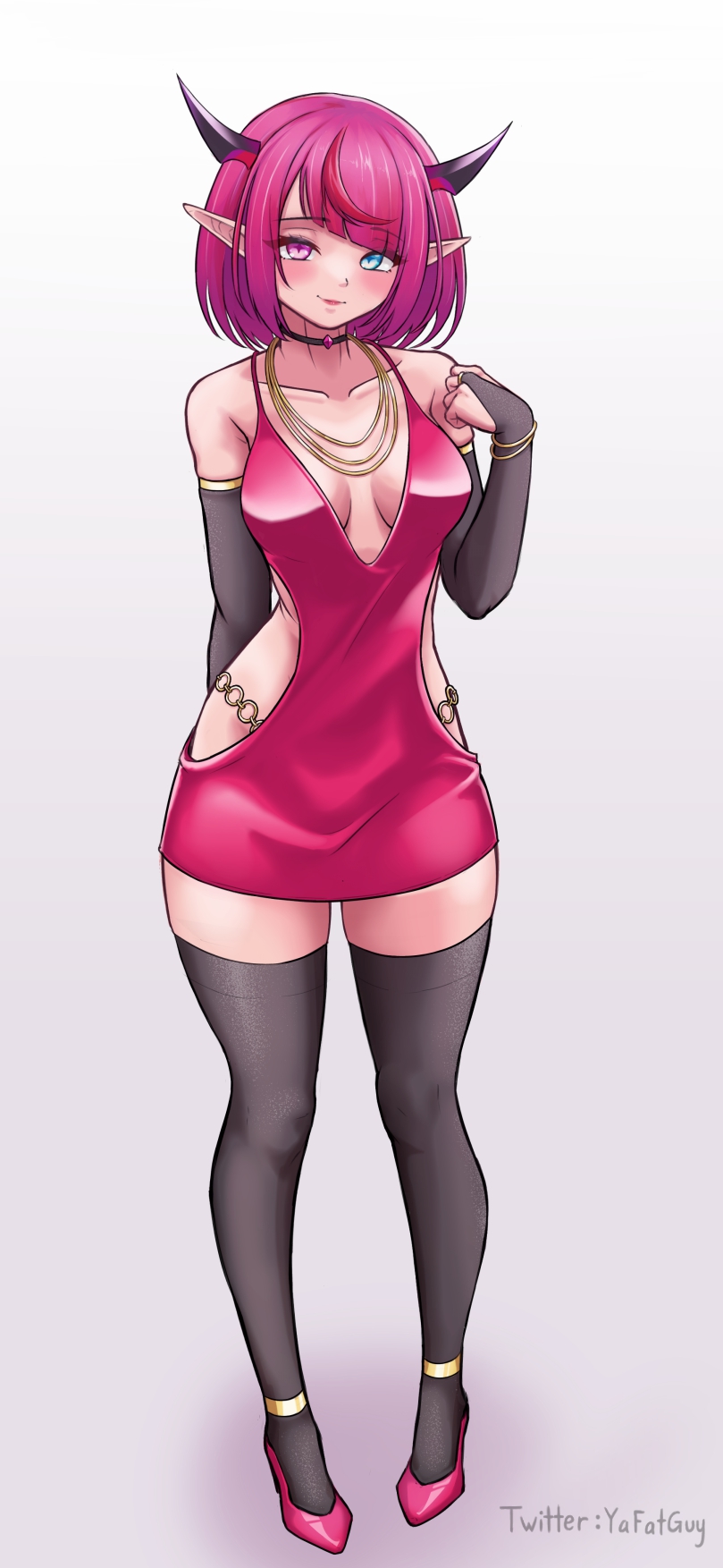 yafatguy, irys (hololive), hololive, hololive english, commentary, highres, 1girl, alternate costume, aqua eyes, bare shoulders, black choker, black gloves, black hair, blush, breasts, choker, closed mouth, clothing cutout, dress, elbow gloves, eyelashes, fingerless gloves, full body, gloves, heterochromia, high heels, hip vent, horns, jewelry, medium hair, multicolored hair, necklace, pink dress, pink eyes, pink hair, pink shoes, pointy ears, red hair, shoes, smile, solo, standing, streaked hair, thighhighs, twitter username, two-tone hair, virtual youtuber, zettai ryouiki