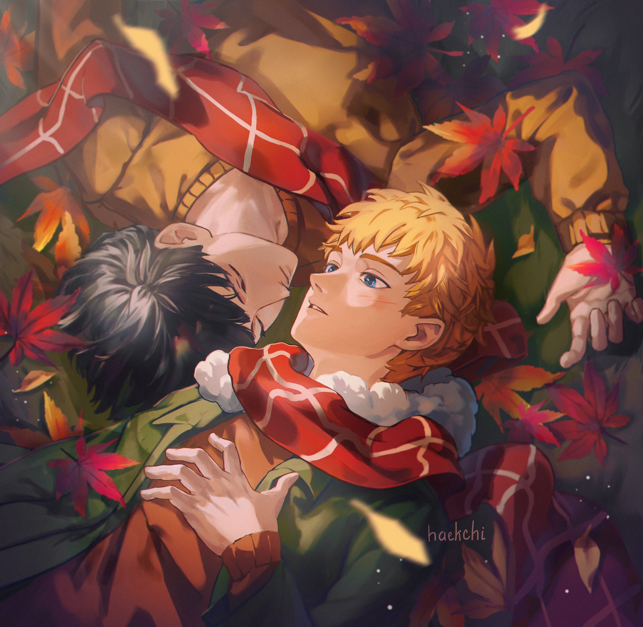 haekchi, hanazawa teruki, kageyama shigeo, mob psycho 100, commentary, highres, 2boys, autumn leaves, black hair, blazer, blonde hair, blue eyes, blush, closed eyes, closed mouth, jacket, leaf, looking at another, male focus, multiple boys, orange sweater, parted lips, red scarf, scarf, short hair, sweater, teeth, upper body, yaoi