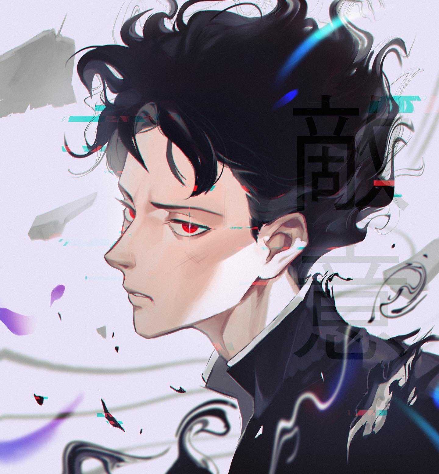 haekchi, kageyama shigeo, mob psycho 100, hashtag-only commentary, highres, translation request, 1boy, black hair, floating hair, gakuran, looking at viewer, male focus, parted lips, red eyes, school uniform, short hair, simple background, solo, teeth, white background