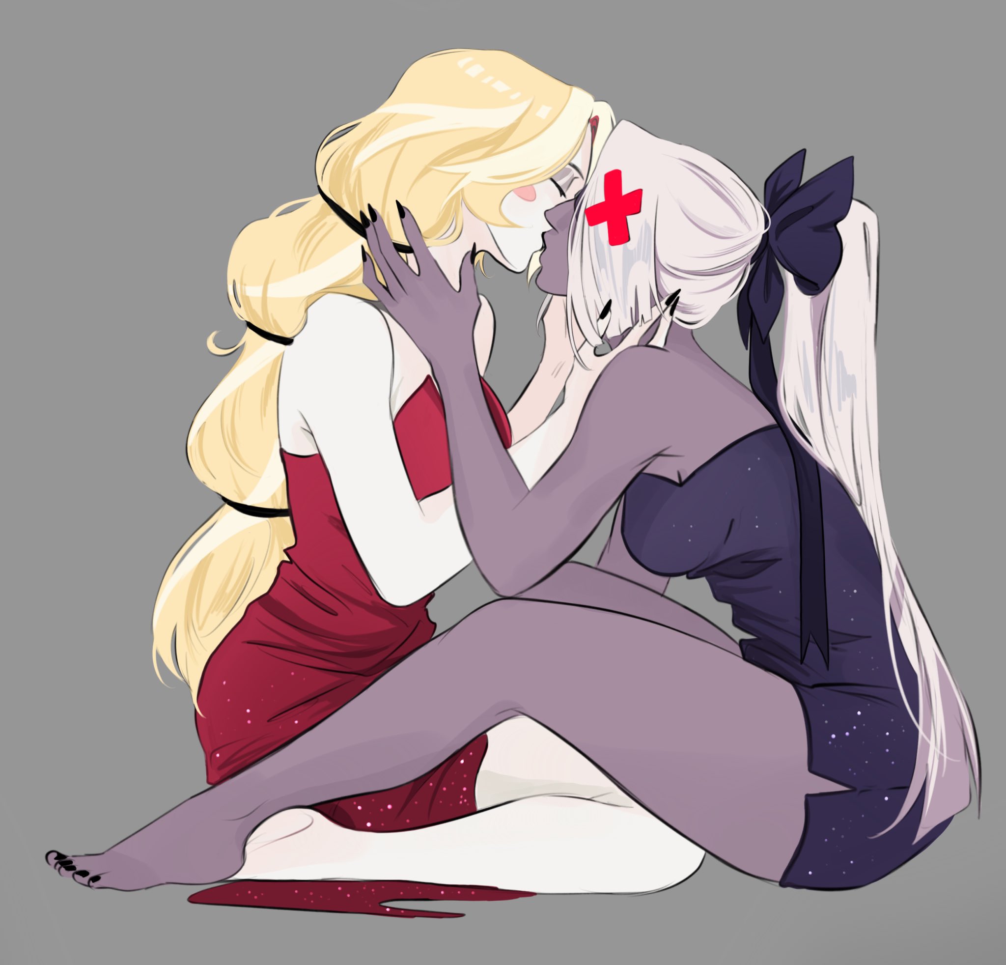 frendraw, charlie morningstar, vaggie, hazbin hotel, hellaverse, commentary, english commentary, highres, 2girls, bare arms, bare legs, bare shoulders, barefoot, black bow, black dress, black nails, blonde hair, bow, circle facial mark, colored skin, demon girl, dress, facial mark, feet, fingernails, grey hair, grey skin, hair bow, kiss, long fingernails, multi-tied hair, multiple girls, ponytail, red dress, short dress, toes, white skin, yuri