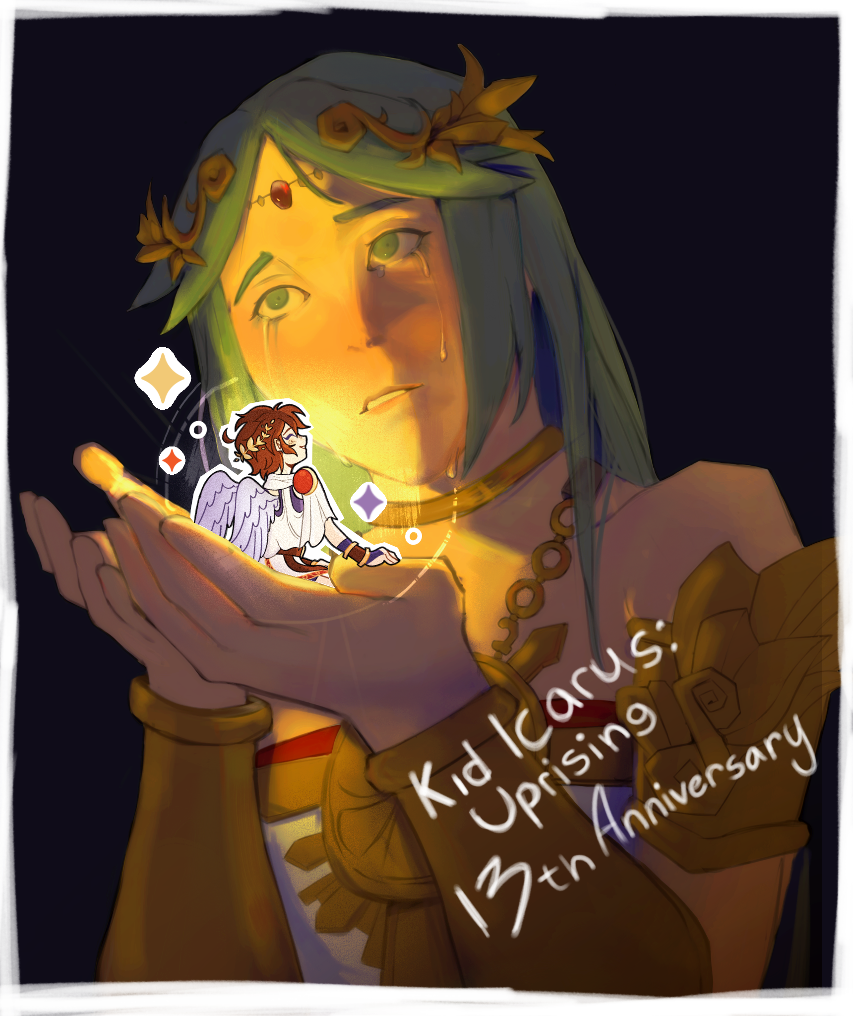 captainludraws, surachibee, palutena, pit (kid icarus), kid icarus, kid icarus uprising, nintendo, artist collaboration, commentary, english commentary, highres, 1boy, 1girl, ahoge, angel, angel wings, anniversary, black background, brown hair, chain, circlet, crying, crying with eyes open, cupping hands, gold chain, green eyes, green hair, laurel crown, mini person, miniboy, own hands together, sparkle, tears, wings