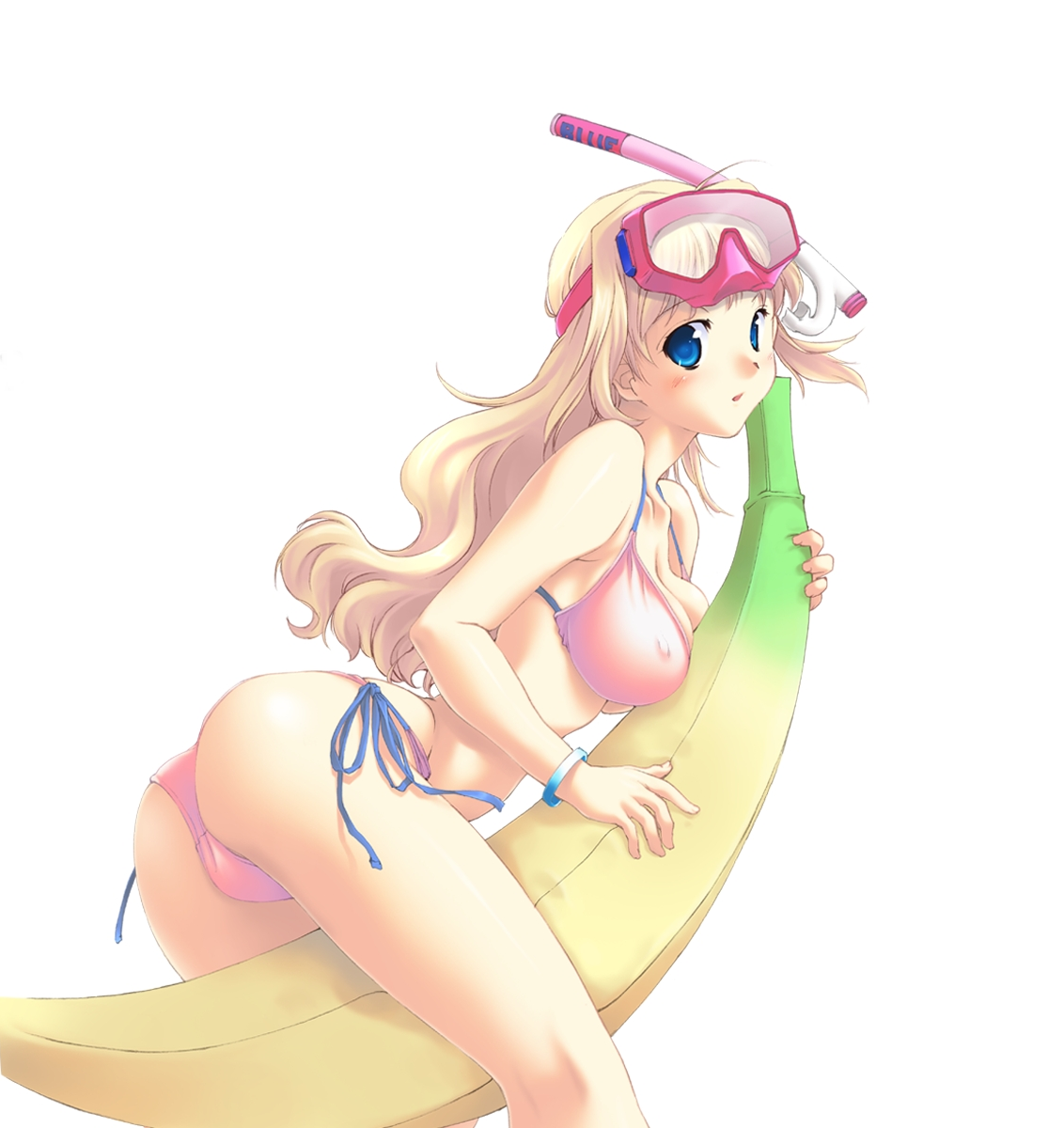 artist request, highres, 1girl, ass, banana, bikini, blonde hair, blue eyes, breasts, covered erect nipples, female focus, food, fruit, holding, holding food, holding fruit, large breasts, long hair, on banana, pink bikini, side-tie bikini bottom, snorkel, solo, swimsuit