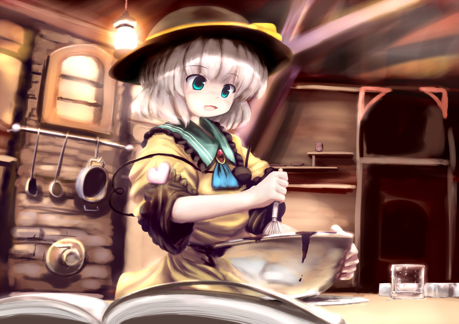 tsubasa (abchipika), komeiji koishi, touhou, 1girl, aqua eyes, book, cooking, female focus, hat, heart, indoors, kitchen, solo, white hair