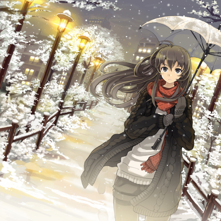 armcho, original, 1girl, black eyes, black hair, coat, cowboy shot, dutch angle, female focus, gloves, lamppost, long hair, pantyhose, pantyhose under shorts, scarf, shorts, snow, snowing, solo, umbrella, wind