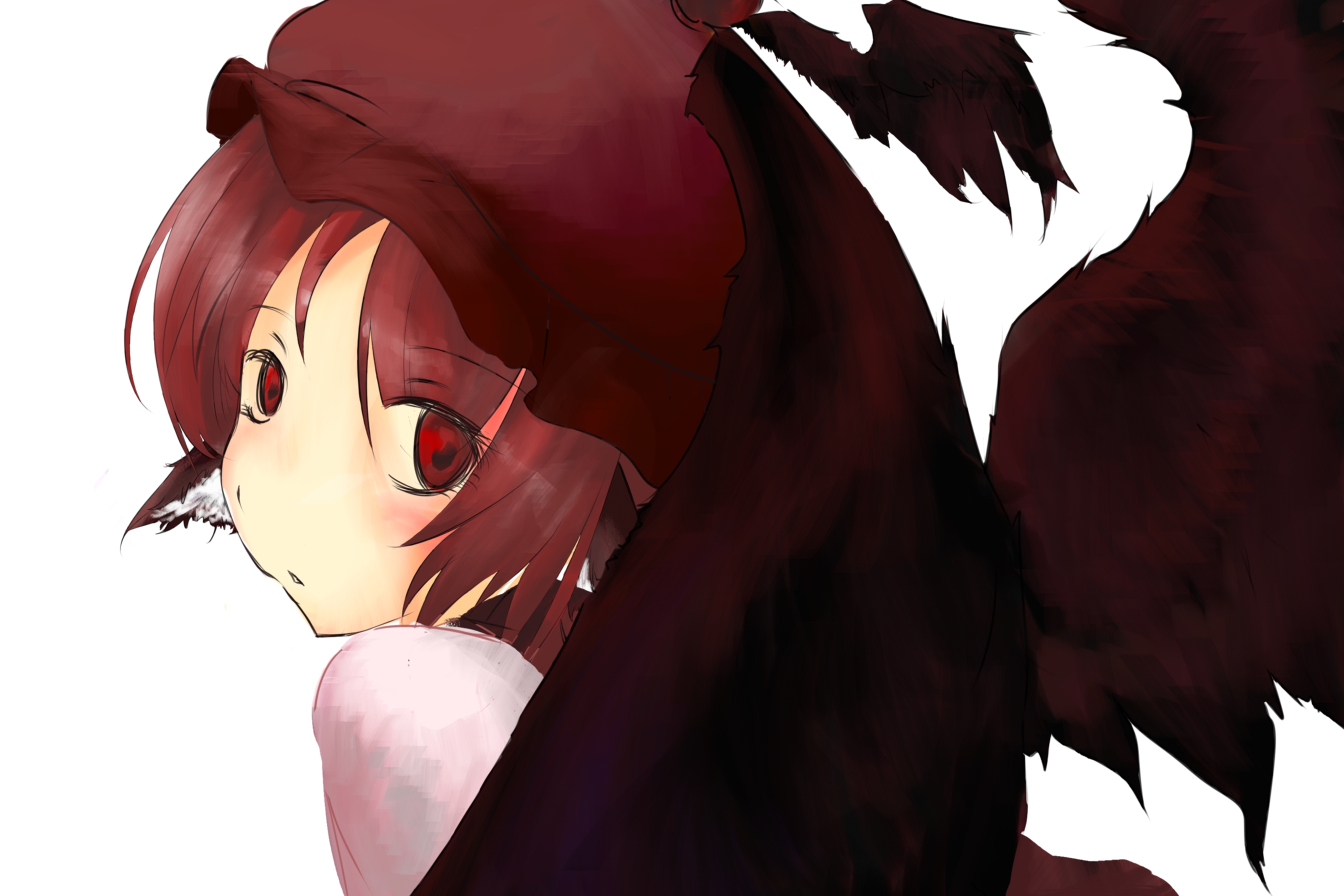 siguredoki, mystia lorelei, touhou, bad id, bad pixiv id, highres, 1girl, close-up, female focus, hat, red eyes, red hair, short hair, simple background, solo, white background, wings
