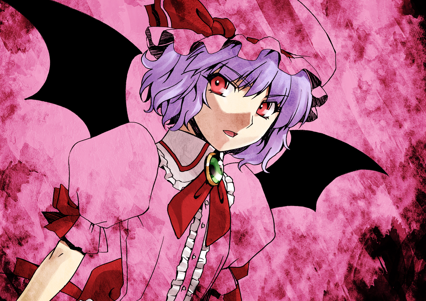 watanabe hiroaki, remilia scarlet, touhou, 1girl, bat wings, female focus, hat, purple hair, red eyes, short hair, solo, wings