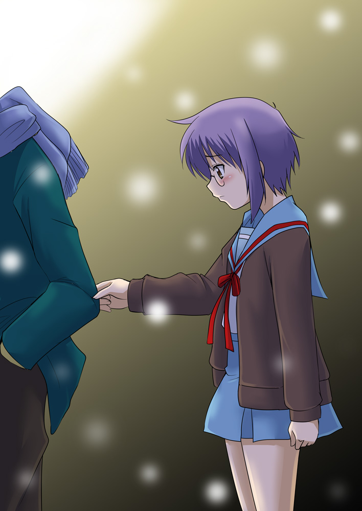 zerosu (take out), nagato yuki, suzumiya haruhi no shoushitsu, suzumiya haruhi no yuuutsu, 10s, 1boy, 1girl, brown eyes, cardigan, clothes grab, glasses, grey hair, school uniform, serafuku, short hair, sleeve grab, snow, solo focus