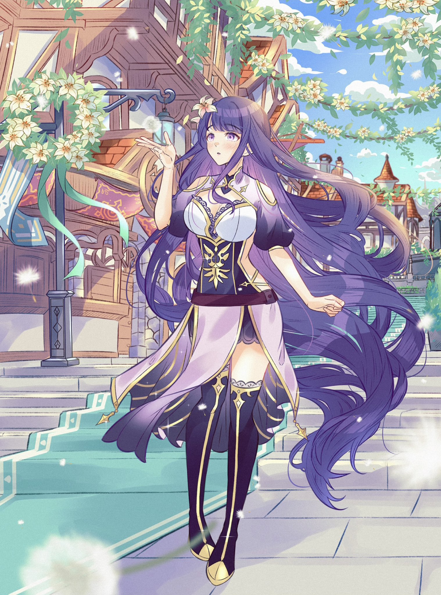 meisaki, raiden shogun, genshin impact, commentary, english commentary, highres, 1girl, alternate costume, black thighhighs, blue sky, blunt bangs, blush, breasts, cleavage, clenched hand, clothing cutout, cloud, cloudy sky, dandelion, dress, floating, flower, full body, hair down, hair flower, hair ornament, hand up, hip vent, huge breasts, long hair, looking at another, looking up, motion blur, no mole, open mouth, outdoors, puffy short sleeves, puffy sleeves, purple dress, short sleeves, shy, sky, solo, thighhighs, wavy hair, wishing