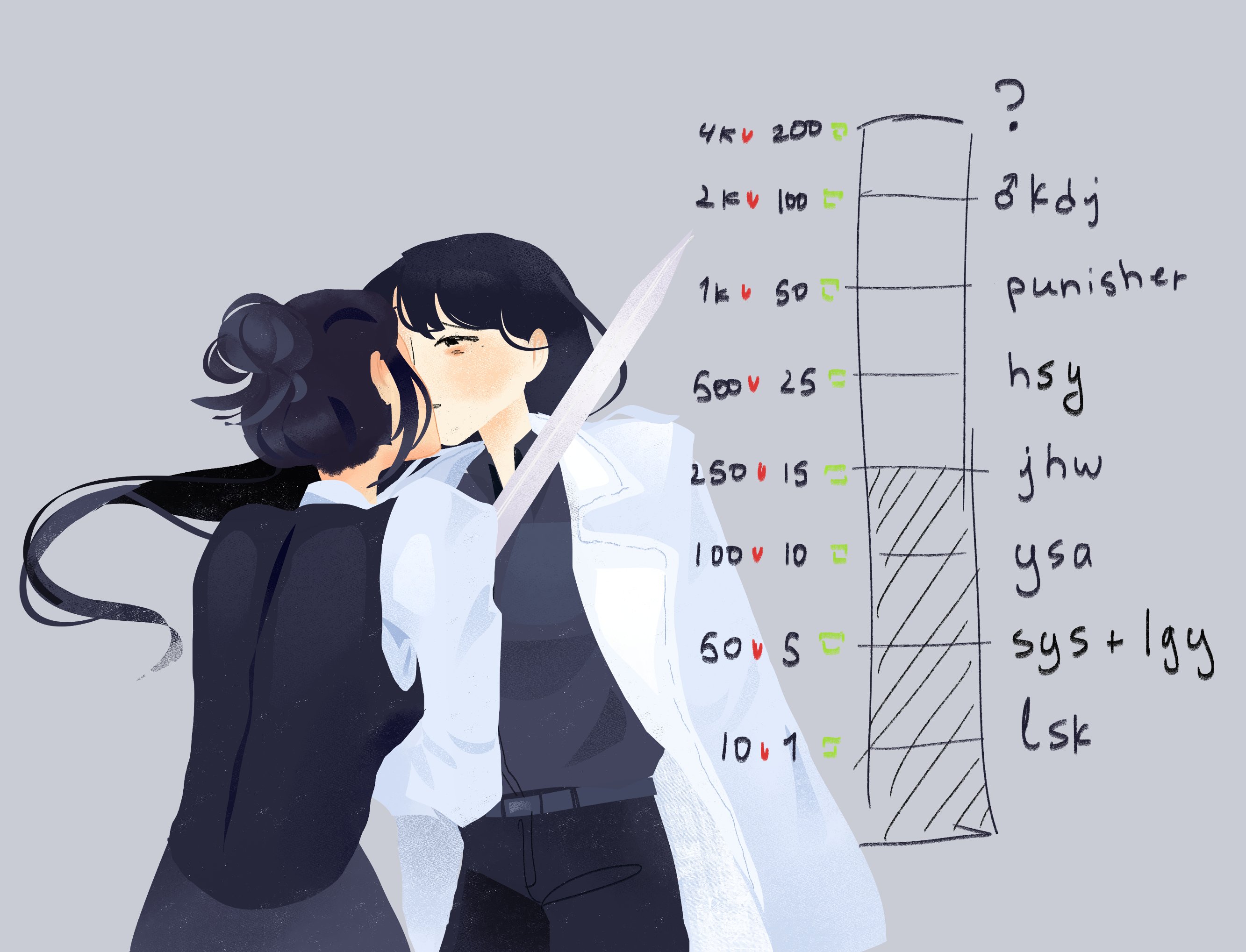 jung heewon, omniscient reader's viewpoint, original, character request, check character, commentary, english commentary, highres, 2girls, artist self-insert, black hair, black shirt, black vest, coat, collared shirt, hair bun, kdj143637, kiss, like and retweet, long hair, multiple girls, open clothes, open coat, shirt, shirt tucked in, vest, white coat, white shirt, yuri