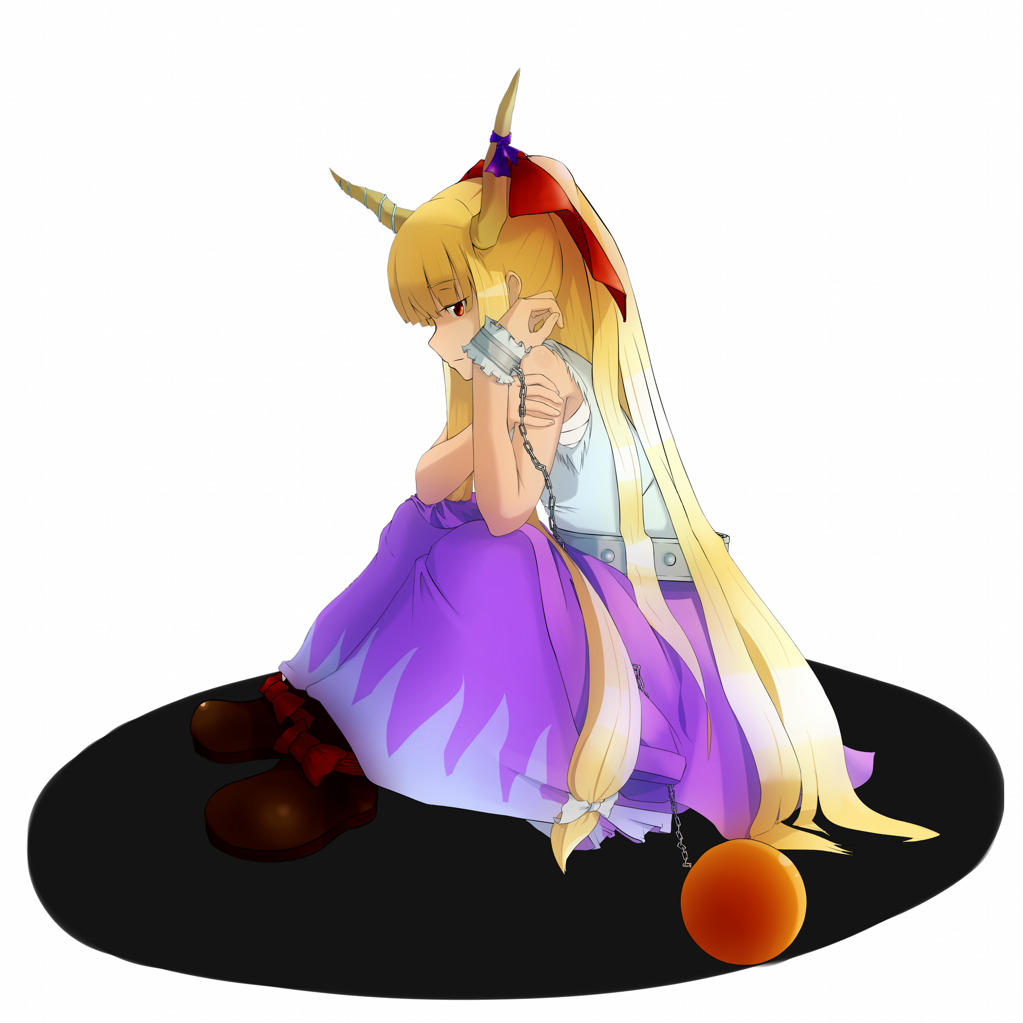 ironwill, ibuki suika, touhou, highres, 1girl, belt, blonde hair, chain, female focus, full body, horns, long hair, orange eyes, ribbon, sarashi, sitting, solo, very long hair, white background, wrist cuffs