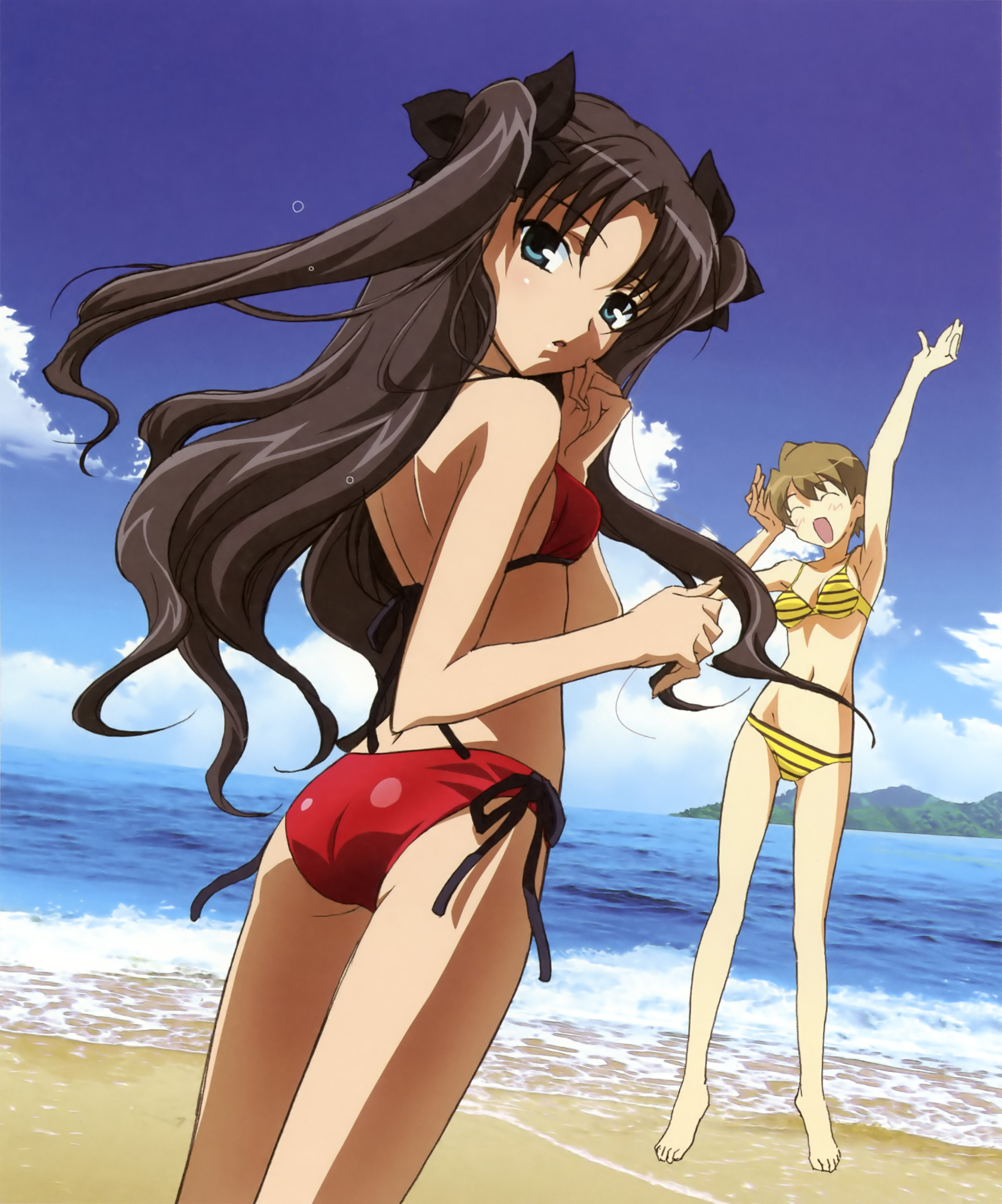 fujii maki, fujimura taiga, tohsaka rin, fate/stay night, fate (series), absurdres, highres, non-web source, 2girls, arm up, ass, barefoot, beach, bikini, black hair, bow, brown hair, closed eyes, cloud, day, dutch angle, female focus, green eyes, hair bow, long hair, long legs, looking back, multiple girls, ocean, open mouth, outdoors, red bikini, short hair, side-tie bikini bottom, sky, striped bikini, striped clothes, swimsuit, twintails, two side up, very long hair, water
