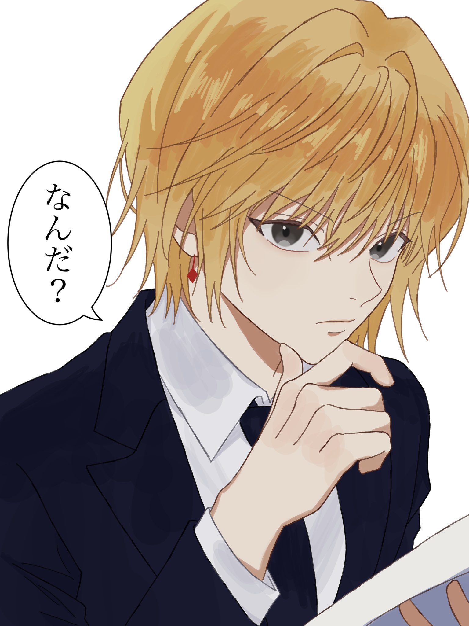 kurapika, hunter x hunter, commentary request, highres, translation request, 1boy, black jacket, black necktie, blonde hair, closed mouth, collared shirt, earrings, grey eyes, hand on own chin, jacket, jewelry, looking at viewer, male focus, necktie, s2 llxo, shirt, short hair, simple background, speech bubble, suit jacket, white background, white shirt