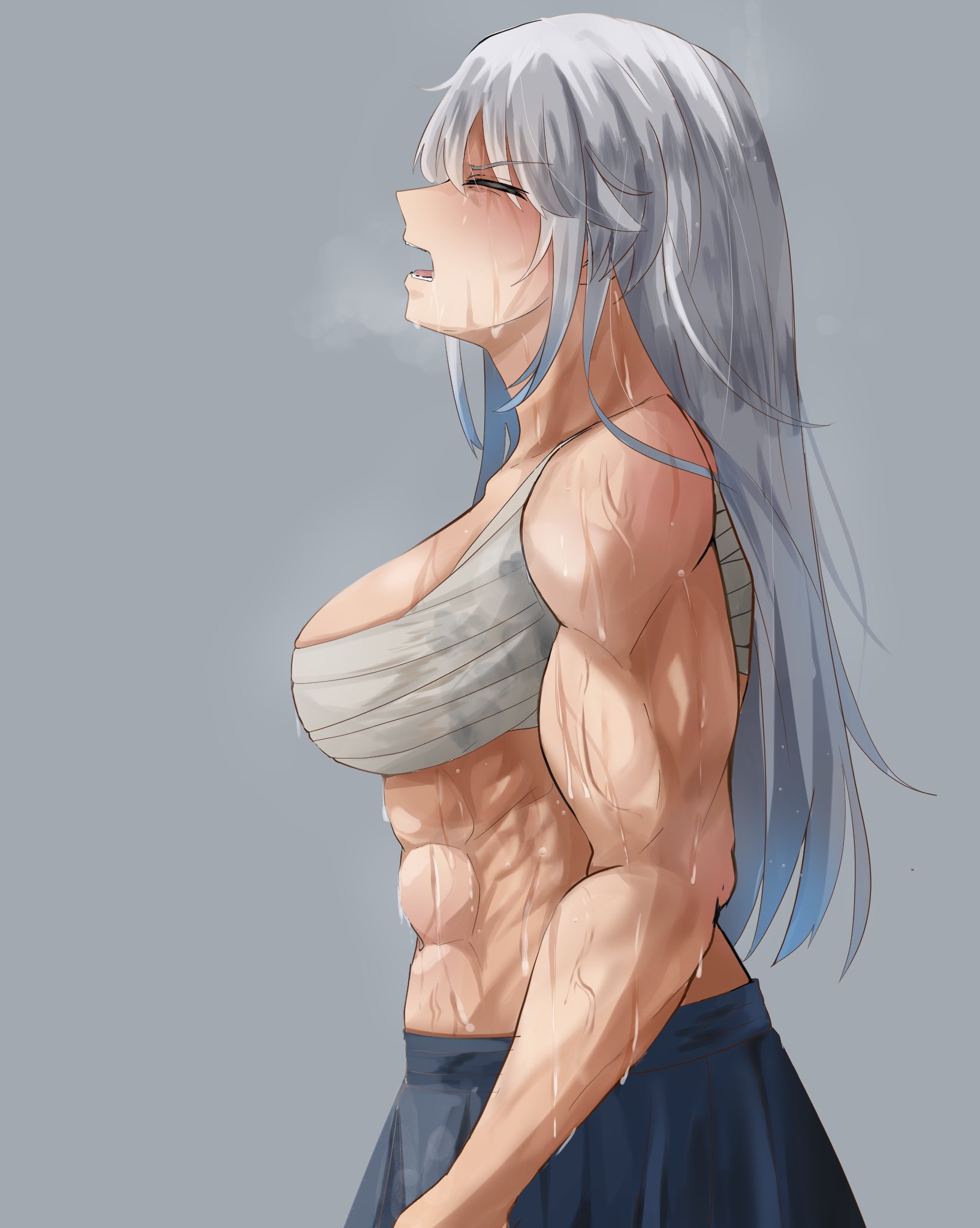 imouto (qq71nd95mgt50a1), tagme, 1girl, abs, muscular, muscular female, sarashi, sweat, sweatdrop