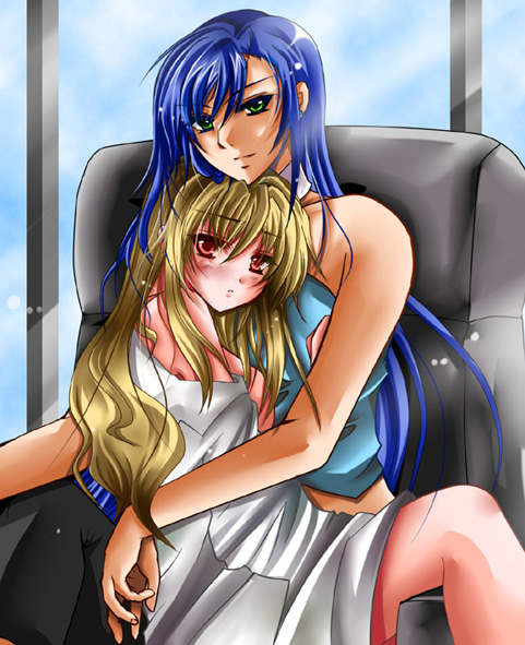 moguji, natsuki kruger, shizuru viola, my-otome, 00s, 2girls, blonde hair, blue hair, chair, green eyes, hug, long hair, multiple girls, off shoulder, red eyes, sitting, sitting on lap, sitting on person, smile, very long hair, window, yuri