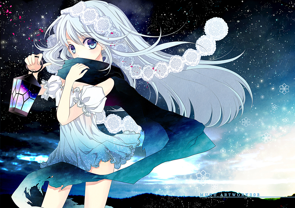 ishikawa sae, original, 1girl, bare shoulders, blue eyes, blue hair, blue theme, bow, covering face, covering own mouth, covering privates, dress, female focus, hair bow, hair ornament, holding, lamp, lantern, legs, long hair, matching hair/eyes, night, outdoors, petals, scarf, scarf over mouth, see-through clothes, short dress, sky, solo, wind