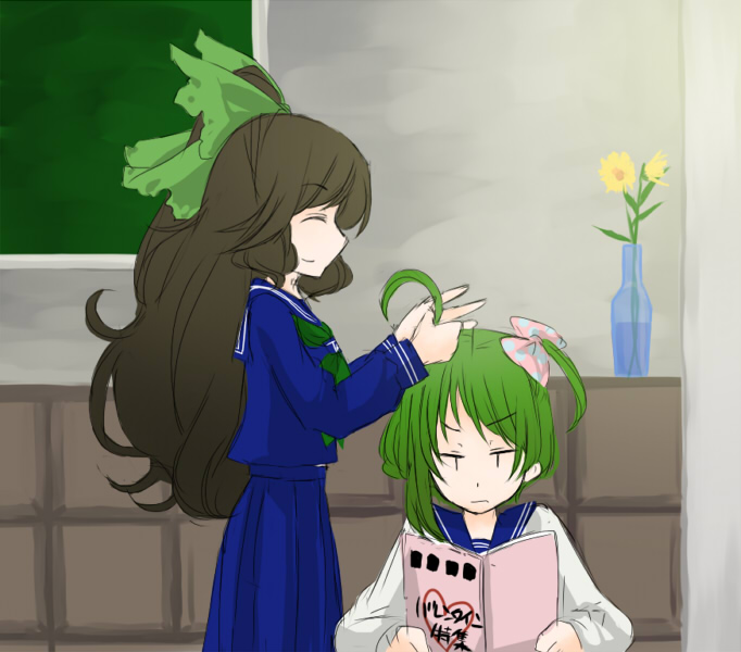 nishino miyuki, reiuji utsuho, shiki eiki, touhou, bad id, bad pixiv id, 2girls, alternate costume, black hair, book, bow, contemporary, female focus, green hair, hair bow, hairdressing, long hair, multiple girls, school uniform, short hair