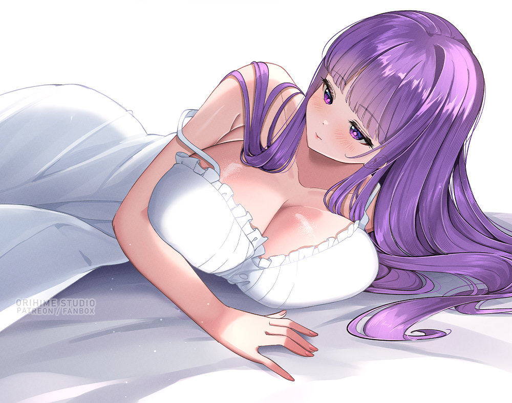 orihimestudio, fern (sousou no frieren), sousou no frieren, 1girl, blush, breasts, cleavage, collarbone, curvy, dress, huge breasts, long hair, lying, on side, purple eyes, purple hair, solo, white dress