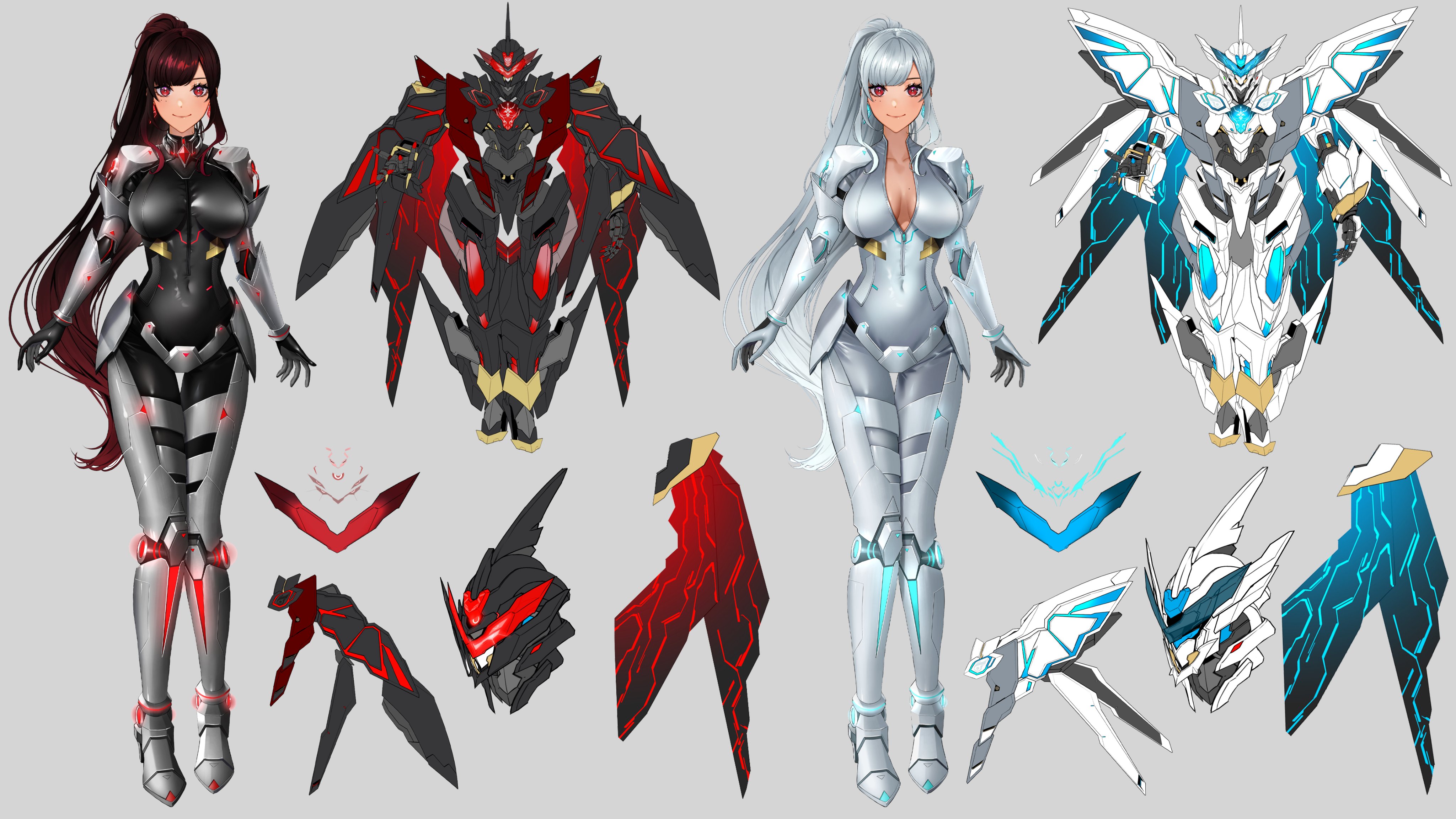 riz3, scarle yonaguni, scarle yonaguni (mecha musume), nijisanji, nijisanji en, absurdres, commentary, english commentary, highres, second-party source, 1girl, black bodysuit, bodysuit, breasts, brown hair, closed mouth, covered navel, grey background, grey bodysuit, grey hair, long hair, mecha, mole, mole on breast, mole under eye, multiple moles, official alternate color, official alternate hair color, ponytail, red eyes, reference sheet, robot, smile, thigh gap, virtual youtuber