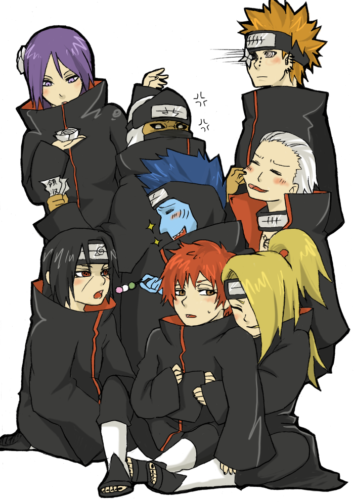 sena-raimu, deidara (naruto), hidan (naruto), hoshigaki kisame, kakuzu (naruto), konan (naruto), pain (naruto), pain (tendo), sasori (naruto), uchiha itachi, naruto (series), naruto shippuuden, 1girl, 6+boys, akatsuki (naruto), corpse, multiple boys, rinnegan