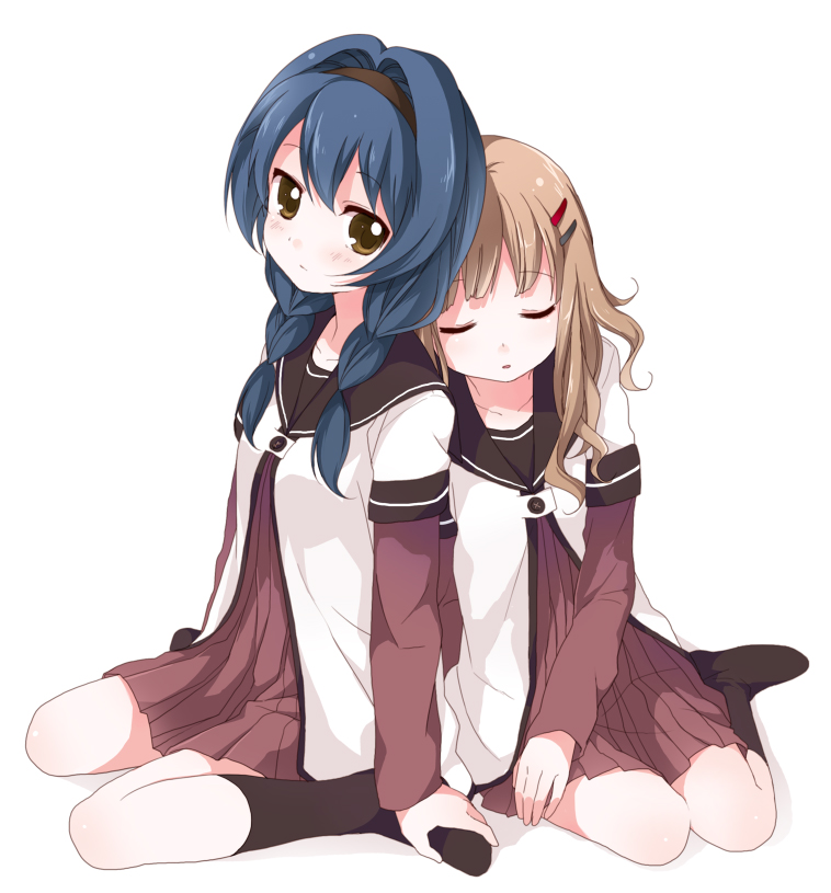 namori, furutani himawari, oomuro sakurako, yuruyuri, 2girls, black socks, blonde hair, blue hair, blush, braid, brown eyes, closed eyes, dress, female focus, full body, hair ornament, hairband, hairclip, kneeling, layered sleeves, long hair, long sleeves, looking back, multiple girls, nanamori school uniform, sailor dress, school uniform, serafuku, short over long sleeves, short sleeves, simple background, sitting, skirt, sleeping, socks, twin braids, wariza, white background