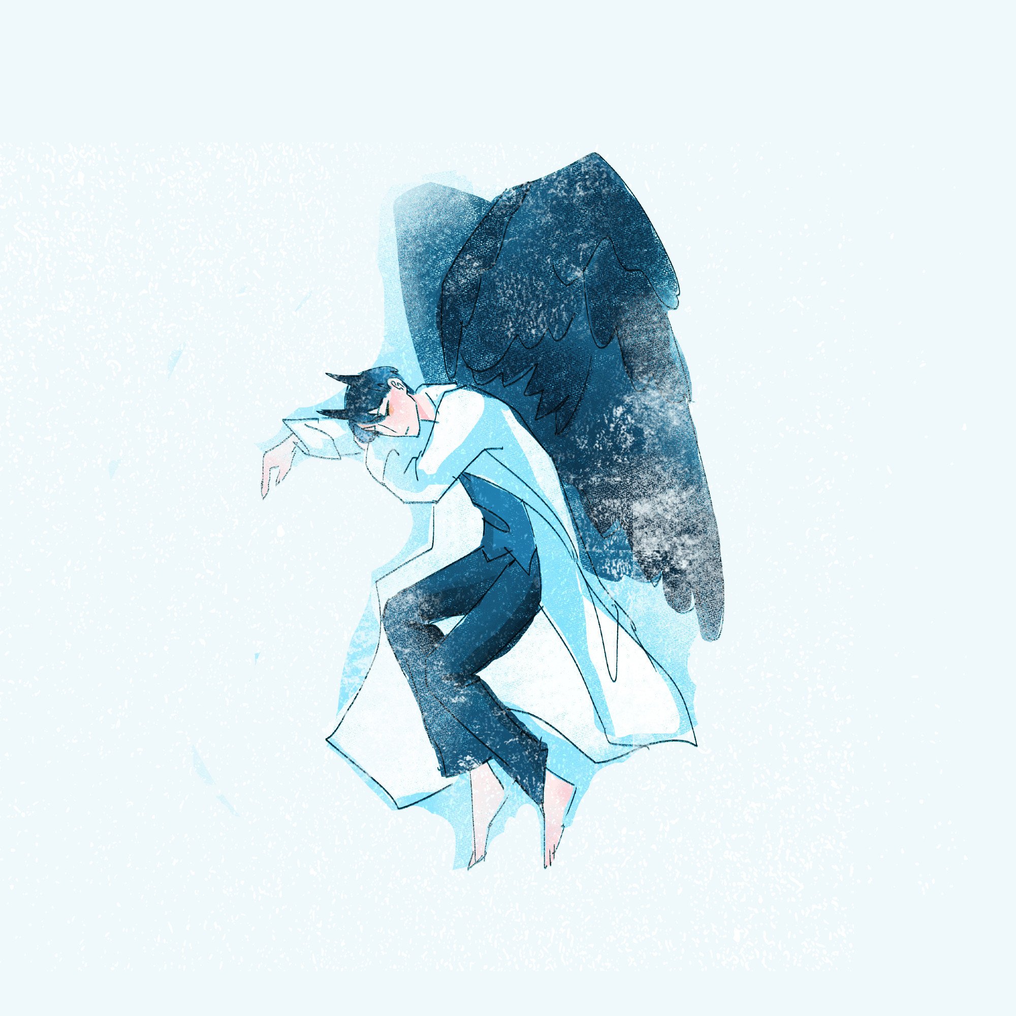 kim dokja, omniscient reader's viewpoint, commentary, english commentary, highres, 1boy, arm pillow, barefoot, black shirt, black wings, closed eyes, coat, curled up, demon horns, feathered wings, from above, full body, horns, kdj143637, lying, male focus, official alternate costume, on ground, on side, open clothes, open coat, shirt, snow, snowing, solo, white coat, wings