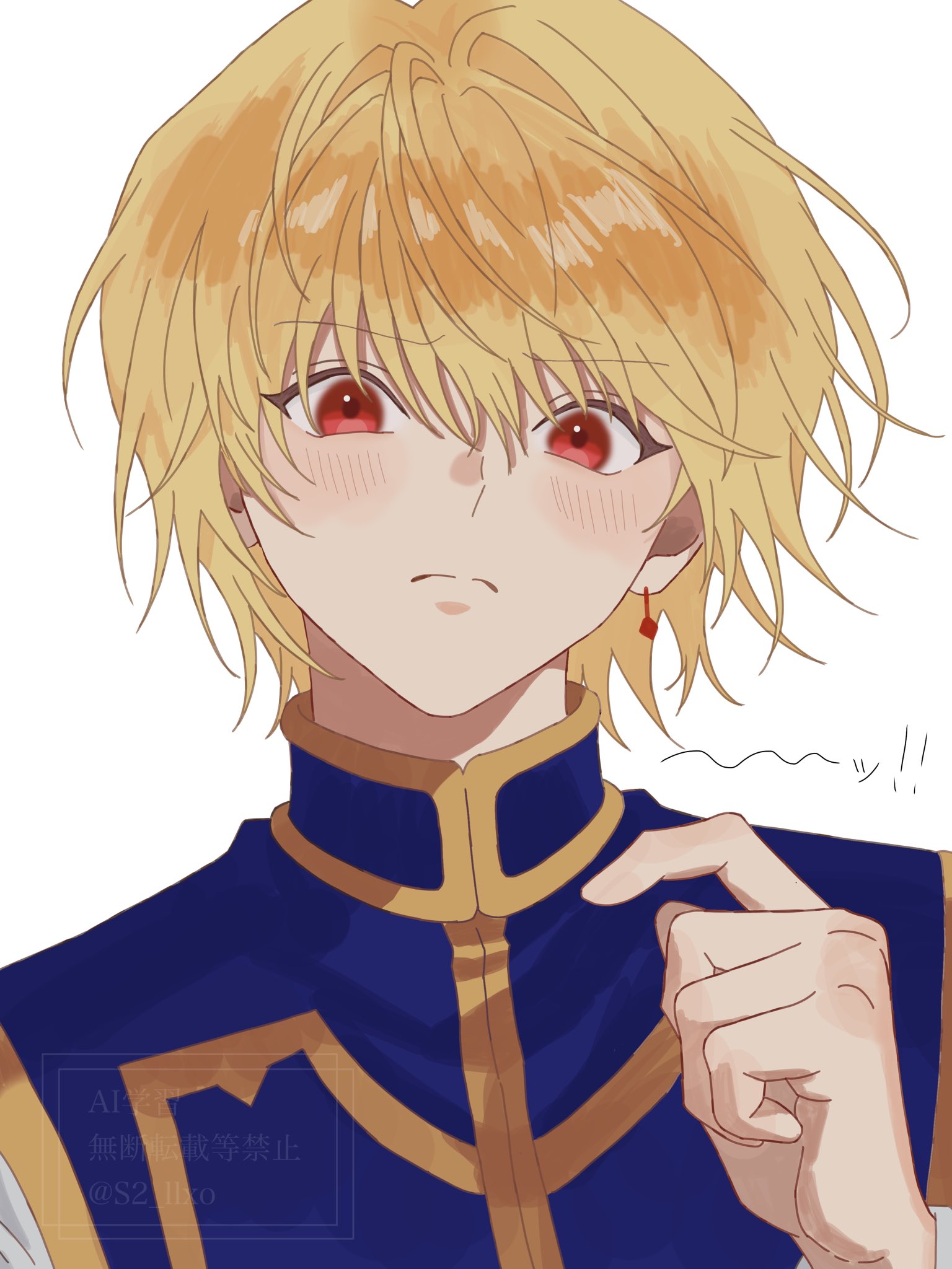 kurapika, hunter x hunter, commentary request, highres, 1boy, blonde hair, blue tabard, closed mouth, earrings, jewelry, looking at viewer, male focus, red eyes, s2 llxo, short hair, simple background, solo, tabard, watermark, white background