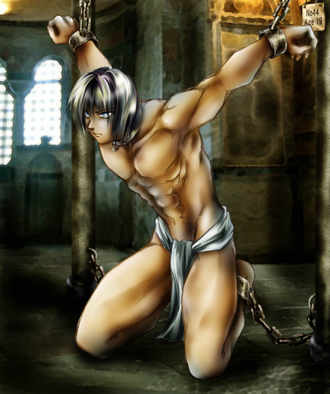 silver hair, artist request, bdsm, blue eyes, bondage, bound, chain, collar, loincloth, male focus, slave