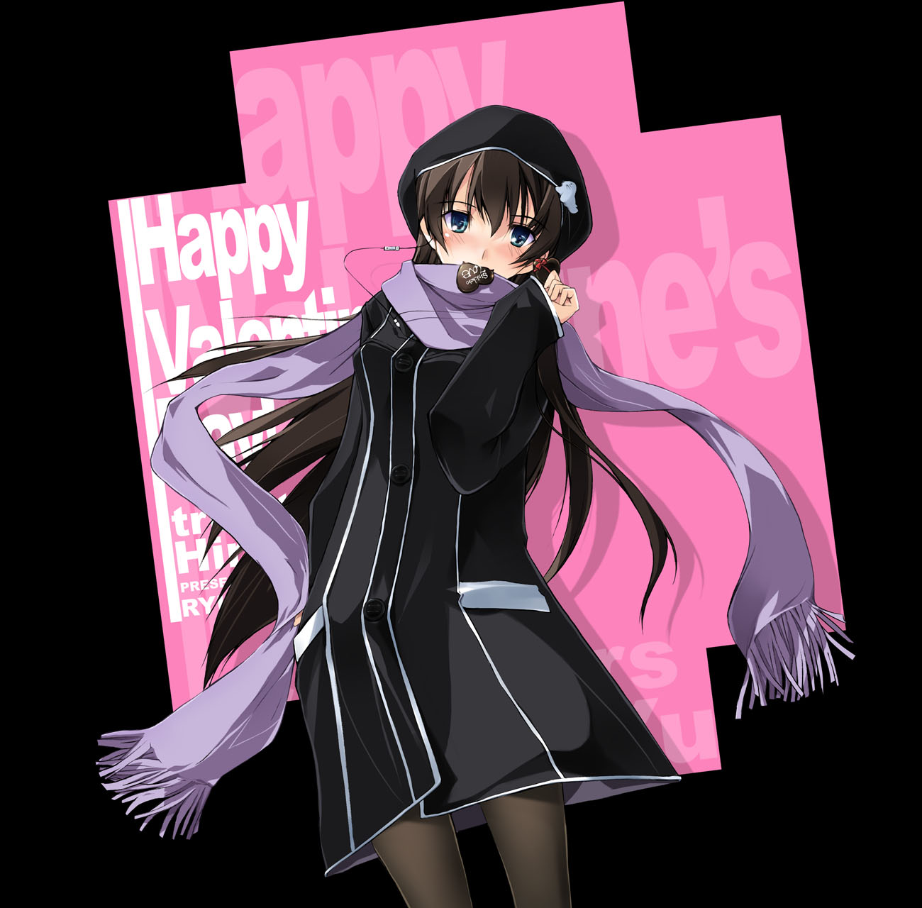 nagare hyougo, yuasa hiromi, true tears, highres, 00s, 1girl, beret, blue eyes, brown hair, coat, earbuds, earphones, female focus, happy valentine, hat, long hair, mouth hold, pantyhose, scarf, solo, valentine, very long hair