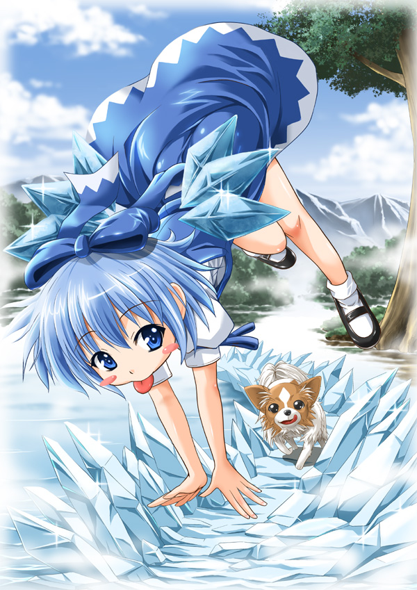 fujishima shinnosuke, cirno, embodiment of scarlet devil, touhou, bad id, bad pixiv id, 1girl, :p, blue eyes, blue hair, blush stickers, bow, cryokinesis, dog, female focus, hair bow, ice, mary janes, matching hair/eyes, shoes, short hair, solo, tongue, tongue out, wings