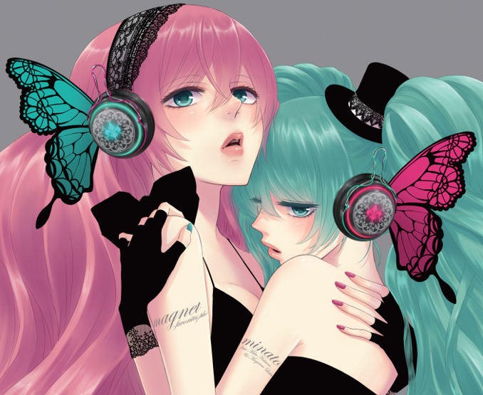 yunomi (yunomi imonuy), hatsune miku, megurine luka, magnet (vocaloid), vocaloid, jpeg artifacts, 2girls, aqua eyes, aqua hair, aqua nails, black dress, blush, butterfly hair ornament, butterfly wings, cup, dress, fingerless gloves, gloves, hair ornament, hat, headphones, insect wings, long hair, multiple girls, nail polish, pink hair, pink nails, wings, yunomi, yuri
